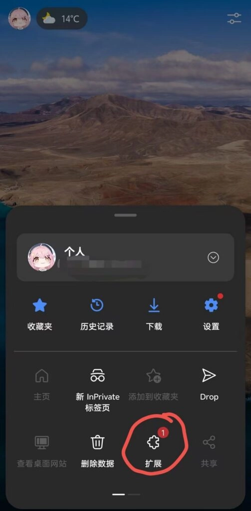 在Edge中点击“☰”并找到拓展选项